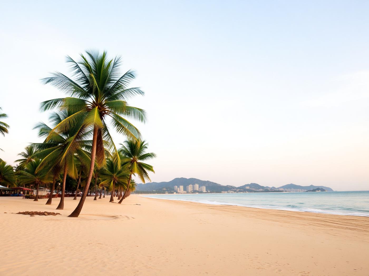 Wide sandy beach in Hua Hin lined with palm trees
